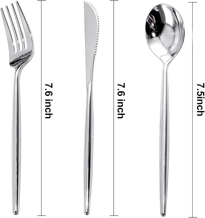 Rubtlamp 180 Pcs Silver Plastic Silverware, Silver Utensils Heavy Duty, Elegant Plastic Cutlery, Fancy Disposable Flatware, Forks Spoons and Knives Set For Party Mother's Day