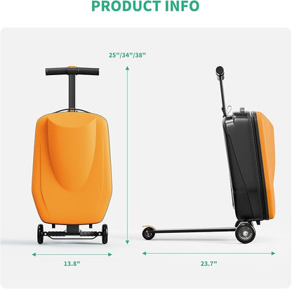 Scooter Hardshell Kids' Luggage, Foldable Carry on Kids Suitcase with Telescopic Handle for Travel, Multifunctional Ride On Lightweight Luggage with Wheels, Vitality Orange