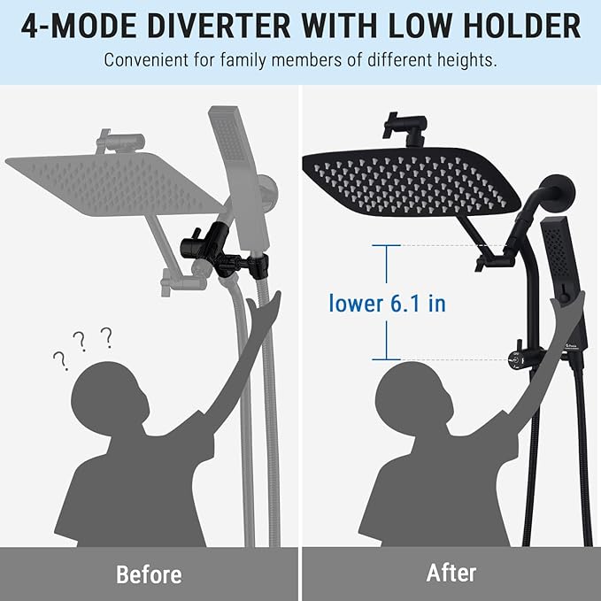 G-Promise All Metal 10 Inch Shower Head with Massage Mode Handheld, Rain Shower Head with Handheld Spray Combo, 3-Way Diverter with Pause Setting, 11 Inch Adjustable Extension Arm (Matte Black)