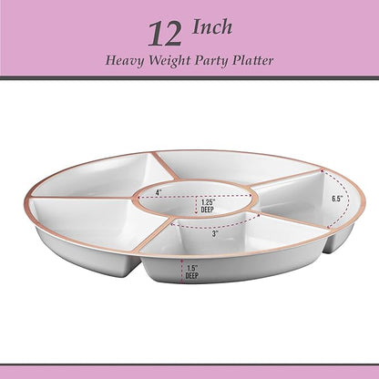 Plasticpro 6 Sectional Round Plastic Serving Tray/Platter (8, White & Rose Gold)