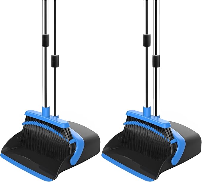 NACENA Broom and Dustpan Set, 52-in Long Adjustable Handle Broom Dustpan Combo with Dustpan Teeth to Automatically Clean Hair Suitable for Home Kitchen Office Hall Floor (Black&Blue), 2 Pack