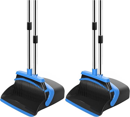 NACENA Broom and Dustpan Set, 52-in Long Adjustable Handle Broom Dustpan Combo with Dustpan Teeth to Automatically Clean Hair Suitable for Home Kitchen Office Hall Floor (Black&Blue), 2 Pack