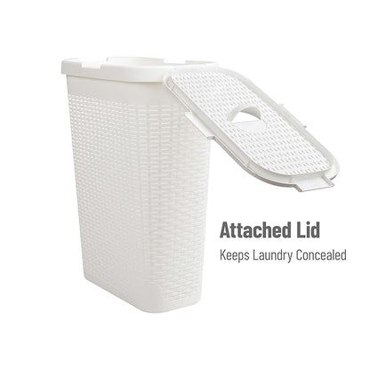 Mind Reader Slim Laundry Hamper with Lid, 40L Clothes Basket, Premium Wicker Design, Plastic, Set of 2, White