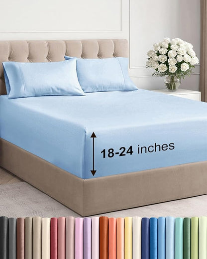 Extra Deep Pocket Queen Sheet Set - 4 Piece Breathable & Cooling Bed Sheets - Hotel Luxury Sheet Set - Soft, Wrinkle Free & Comfy - Easily Fits Extra Deep Mattresses - Deep Pocket Light Blue Sheets