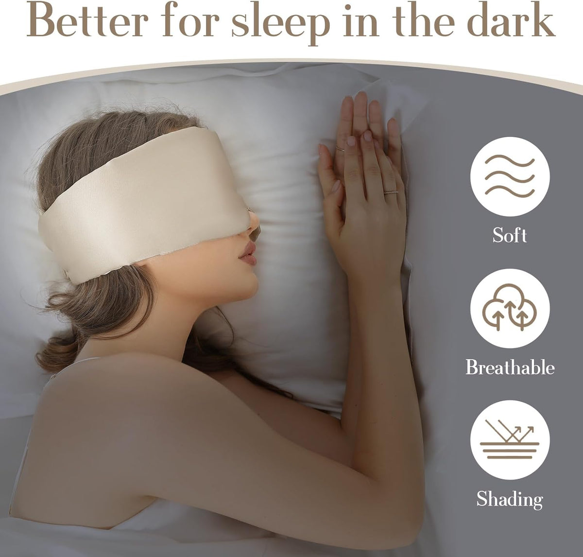 100% Mulberry Silk Sleep Mask Eye Mask for Women Man with Adjustable Band, for Side Sleeper Blackout Sleep Mask for Travel Rest and Office Large Size (Taupe)