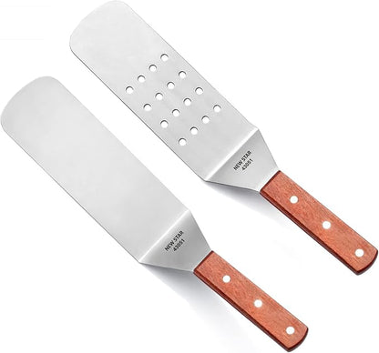 New Star Foodservice 43051 Wood Handle Flexible Grill Spatula Set, 14.5", Set of 2, Silver