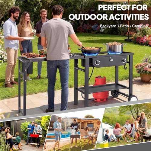 Bonnlo 2 Burner Propane Gas Stove with Work Station & Auto Ignition, 150,000 BTU Portable Camping Stove with Wheels & Regulator, Outdoor Propane Stove for Backyard Patio Cooking BBQ
