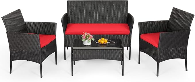 FDW | 4-Piece Patio Furniture Set | Red | Outdoor Wicker Furniture