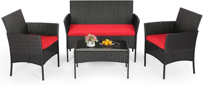 FDW | 4-Piece Patio Furniture Set | Red | Outdoor Wicker Furniture