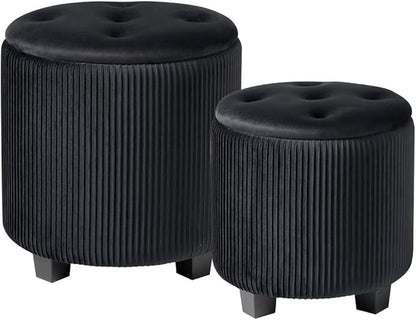Big Round Ottoman with Storage Set of 2,Upholstered Velvet Vanity Stool for Makeup Multifunctional Foot Rest Coffee Table Padded Seat Tufted Ottomans for Living Room&Bedroom (Black)