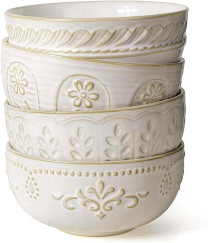 Artena Soup Bowls 32 OZ, Cereal Bowls Set of 4, Embossment Ceramic Ramen Bowl, 6.3 Inch White Salad Bowls, Large Dinner Bowl for Pho, Noodle, Pasta, Snack, Dishwasher Microwave Safe, Multiple Patterns