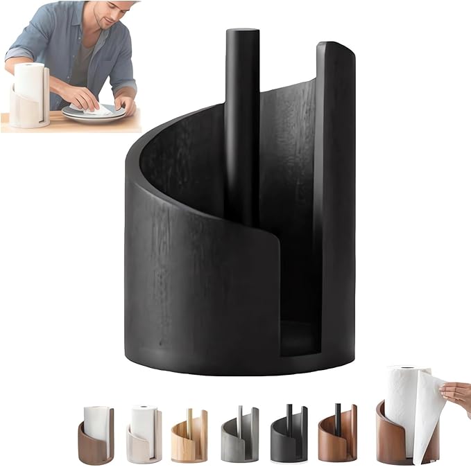 Mountain Paper Towel Holder, 2026 New Wooden Mango Wood Stand with Iron Base, One-Handed Operation, Fits Jumbo Rolls, Modern Countertop Towel Holder for Kitchen & Bathroom (Black)