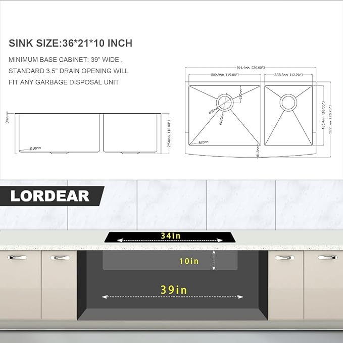 Lordear 36 Inch Double Bowl Farmhouse Kitchen Sink 36"x20-3/4"x10" Double Basin Undermount Farmhouse Kitchen Sinks 60/40 Apron Front 16 Gauge Farm Sinks