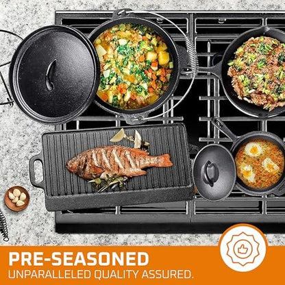 Bruntmor Camping Cooking Set Of 7. Pre Seasoned Cast Iron Pots And Pans Dutch Oven With Lids For Outdoor Comefire. Grill Cookware Skillet Sets With Storage Box