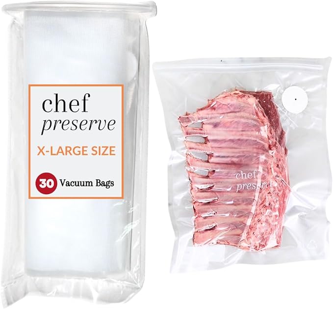 Chef Preserve Reusable Vacuum Sealer Bags for Food – 30 BPA-Free XL Large (12 x 20 in) Food Storage Bags, Freezer, Microwave – Odor-Resistant, Leak-Proof – Compatible with Chef Preserve Vacuum Sealers