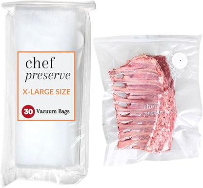 Chef Preserve Reusable Vacuum Sealer Bags for Food – 30 BPA-Free XL Large (12 x 20 in) Food Storage Bags, Freezer, Microwave – Odor-Resistant, Leak-Proof – Compatible with Chef Preserve Vacuum Sealers