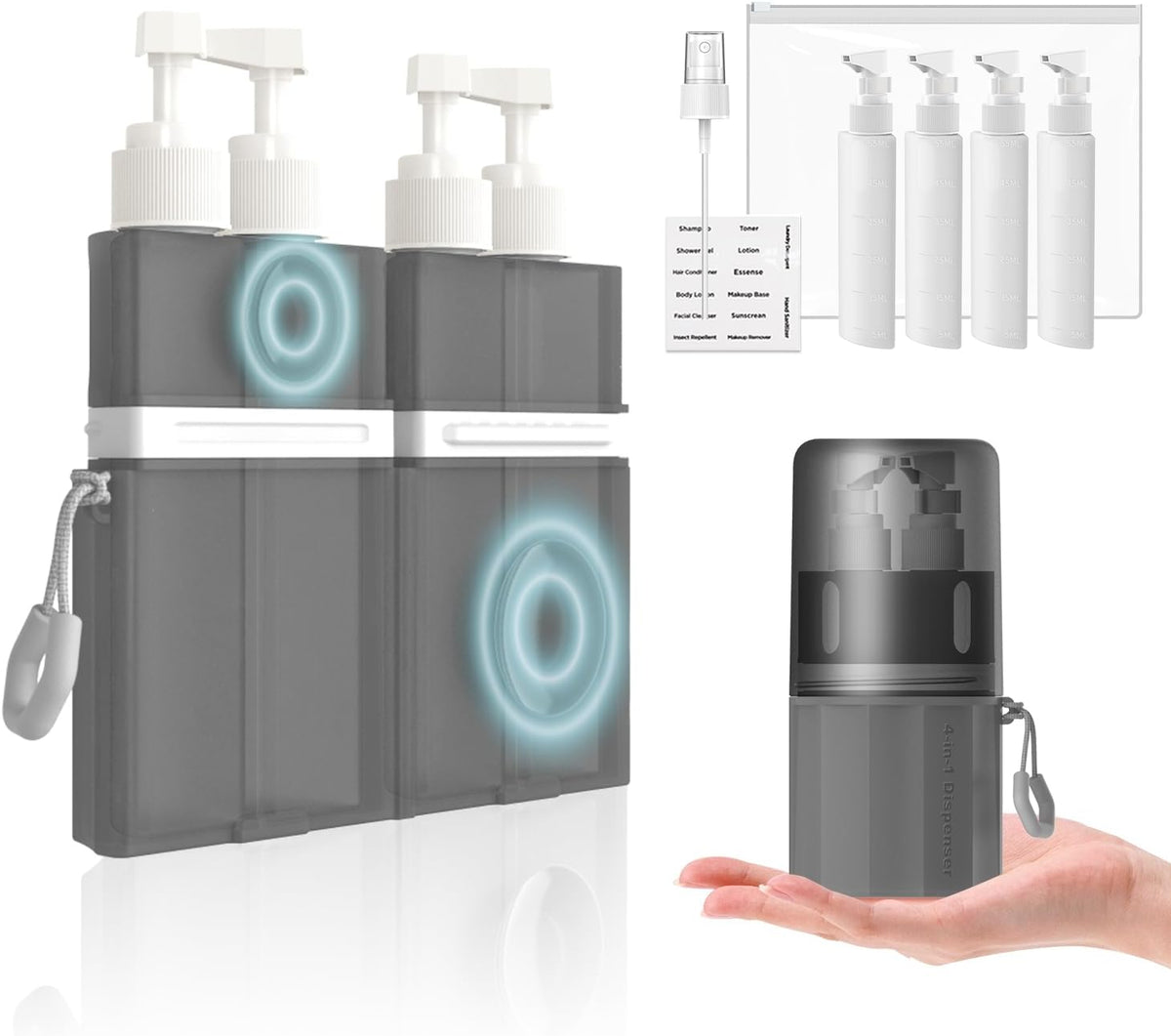 4 in 1 Travel Toiletry Containers,TSA Approved Refillable Travel Size Toiletries Bottles Set with Suction Cup for Smooth Walls - for Shampoo,Conditioner,Body Wash,Lotion.(Grey)