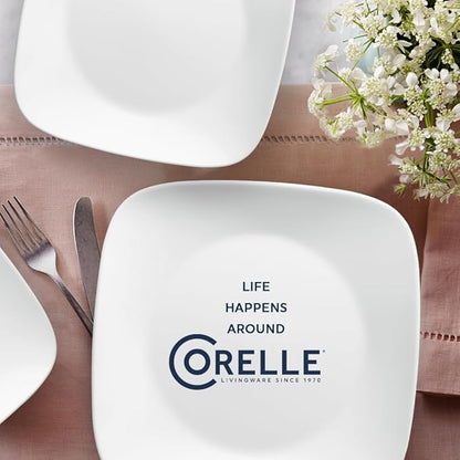 Corelle Vitrelle 18-Piece Service for 6 Square Dinnerware Set Triple Layer Glass and Chip Resistant, Lightweight Square Plates and Bowls Set, Pure White