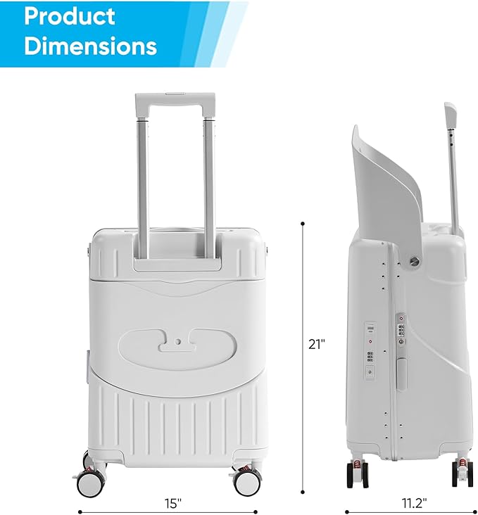20 Inch Ride on Luggage With Seat For Kids&Adults,with Front Pocket, Foldable Seat Back TSA Approved Lock, 360° Spinner Wheels (20 inch,White)