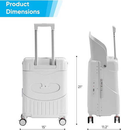 20 Inch Ride on Luggage With Seat For Kids&Adults,with Front Pocket, Foldable Seat Back TSA Approved Lock, 360° Spinner Wheels (20 inch,White)