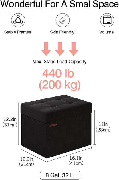 Folding Storage Ottoman, Velvet Storage Bench, Footrest, Foot Stool, for Living Room, Bedroom and Office,12.2 x 16.1 x 12.2 Inches, 200 kg Load Capacity, Ink Black,UASND03B