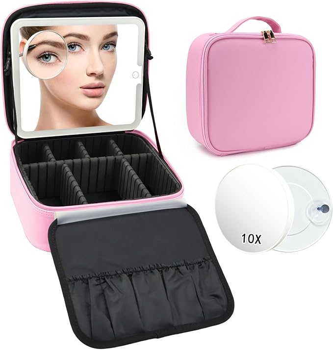 Travel Makeup Bag with LED Mirror and 10x magnifying glass with 3 Lighted Settings, Adjustable Dividers and Makeup Brush Storage Bag Dark Pink