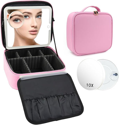 Travel Makeup Bag with LED Mirror and 10x magnifying glass with 3 Lighted Settings, Adjustable Dividers and Makeup Brush Storage Bag Dark Pink