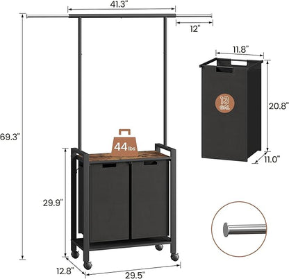 Laundry Sorter 2 Section Laundry Hamper Sorter with Clothes Hanging Rod and Wooden Storage Shelf 2 X 13gal Laundry Basket Organizer for Laundry Room Organization Storage Baskets, Black