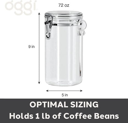 Oggi Clear Canister Airtight 72oz - Clamp Lid & Spoon - Airtight Food Storage Container, for Kitchen & Pantry Storage of Bulk, Dry Foods, Pasta, Flour, Sugar, Coffee, Rice, Tea, Spices & Herbs