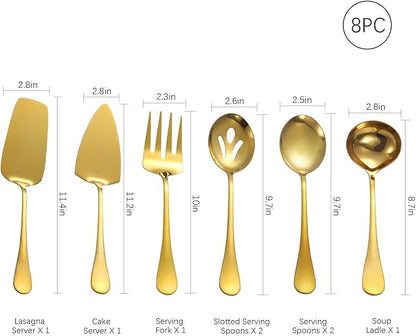 Gold Serving Utensils,8 Pcs Stainless Steel Serving Set with Serving Spoons,Serving Fork,Soup Ladle,Lasagna Server,Pie Server,Polished Serving Utensil Set for Buffet Parties Home,Dishwasher Safe