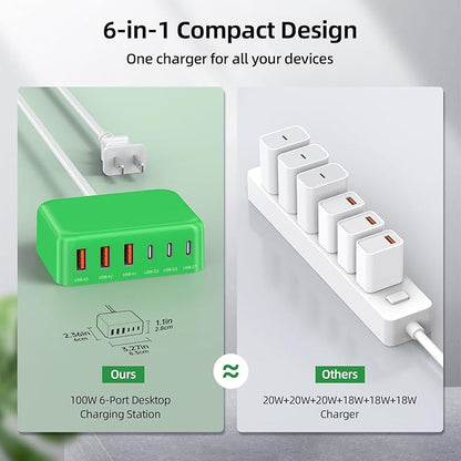 USB C Charger Block, 100W GaN 6 Port PD USB C QC USB A Wall Charger Adapter Plug Cube, Super Fast Type C Charging Station Hub for iPhone 16 15 14 13 12 Pro Max iPad Samsung Pixel 5ft Extension Cord