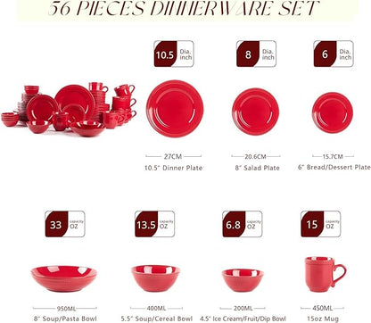 Pearl Dots Stoneware Dinnerware Set (56pc Set, Red)