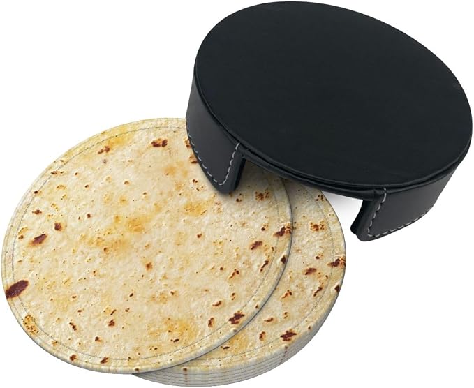 Tortilla Coasters for Drinks Set of 6, Round Leather Coaster