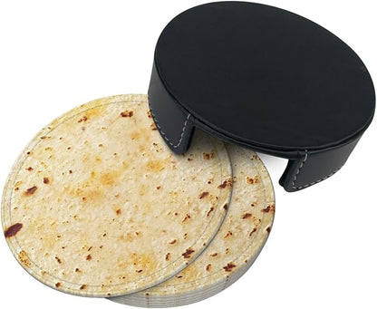 Tortilla Coasters for Drinks Set of 6, Round Leather Coaster