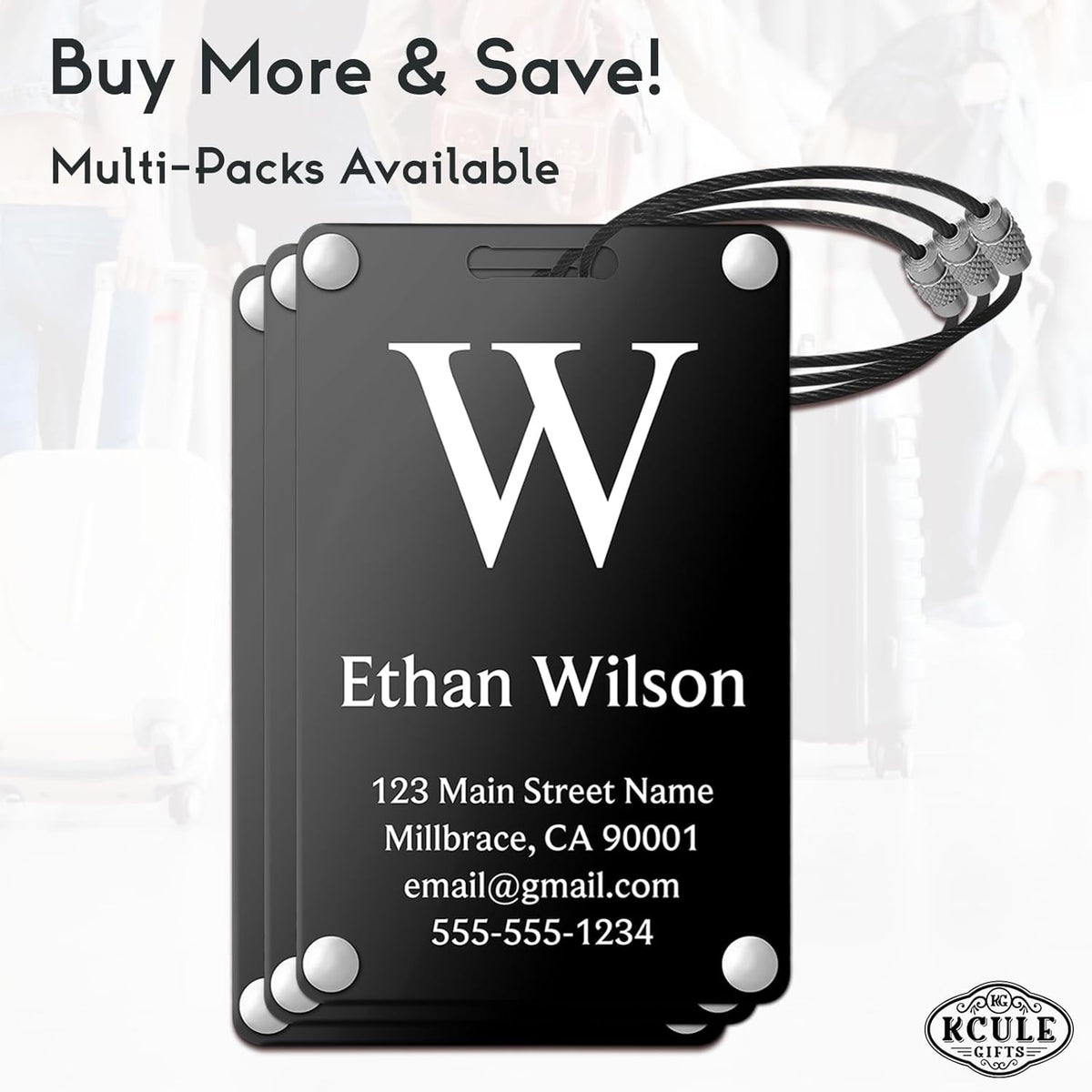 Personalized Luggage Tags: Custom Metal Luggage Tags for Suitcases, Backpacks and Bags with Your Personalized Text (Black)