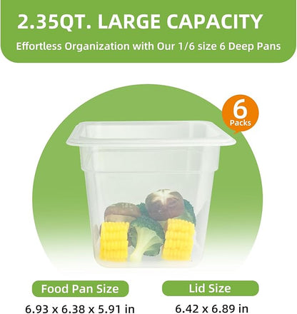 6-Pack Food Pan with Lids, 1/6 Size Food Storage Containers for homes, schools, restaurants, hotels Meal Prep, -40℉-160℉, Stackable, Freezer-Safe (1/6 size 6 inch deep, 2.22L/2.35QT)