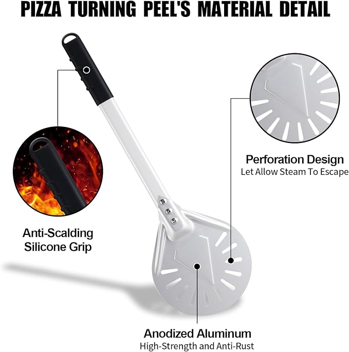 Pizza Turning Peel 7 Inch Round Anodized Aluminum Perforated Pizza Peel Turner With Metal Handle Pizza Paddle Spinner For Outdoor Pizza Oven Accessories