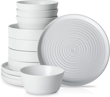Stone Lain Elica 12-Piece Modern Dinnerware Set Stoneware, Plates and Bowl Sets for 4, White