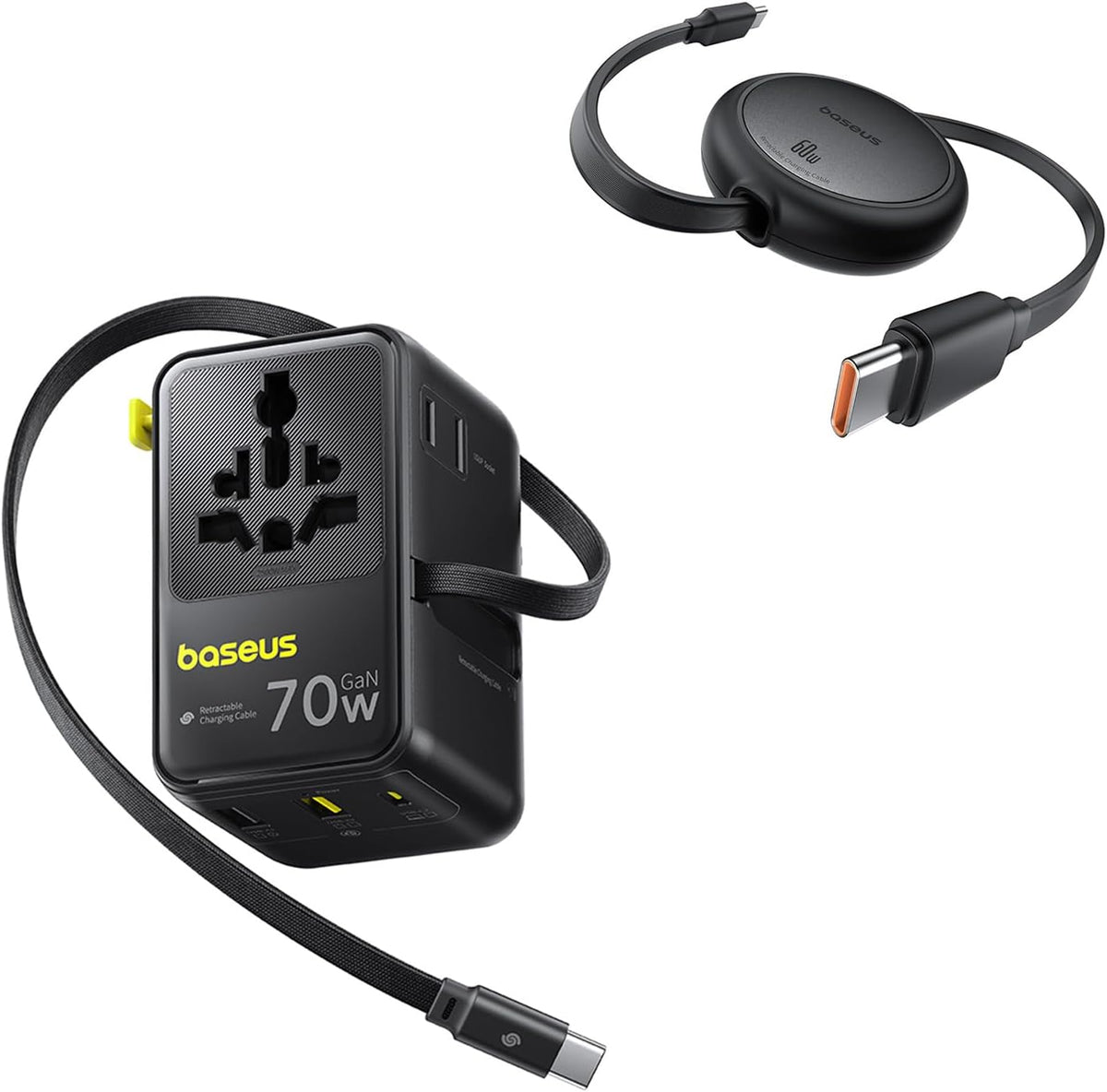 Baseus 70W Universal Travel Adapter and Baseus 60W Retractable USB C Cable