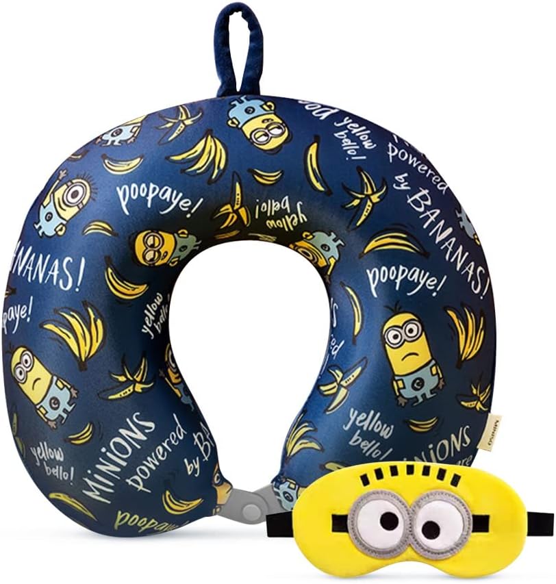 MINISO Minions Travel Neck Pillow with Eye Mask, Cute Cartoon 100% Memory Foam Neck Support Pillow, Lightweight Travelling Pillow Set for Airplane, Car and Home Use