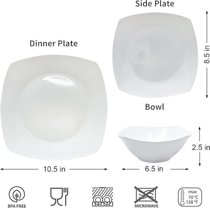 Melamine Dinnerware Sets, Square Dinnerware Sets, White Color Plates and Bowls Sets for 4, Unbreakable Dishwasher Safe BPA Free