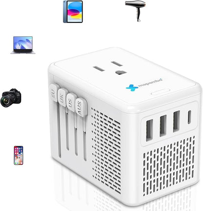 Upgraded Voltage Converter US to Europe for Hair Dryers 220V to 110V Converter with Fast Charging - Compact Travel Design with 3 USB-A + 1 USB-C Universal Travel Adapter for France Germany (White)