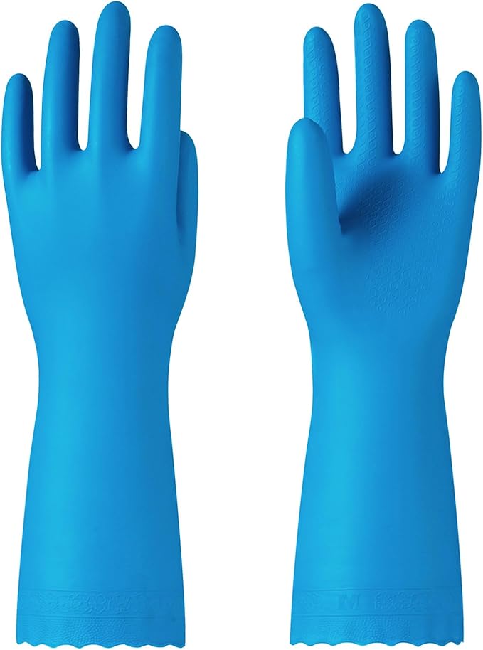 PACIFIC Cleaning Gloves with Latex free, Dishwashing Kitchen Gloves with Cotton Flocked Liner, Reusable, Non-Slip, Water Resistant Household Gloves, Blue, Medium