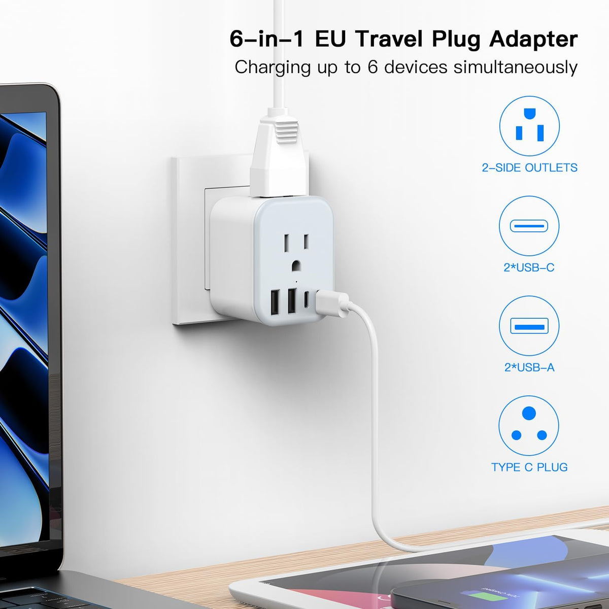 US to India Travel Plug Adapter, Foldable India Power Adapter with 4 USB(2 USB C Port) and 2 AC Outlets Charger, Type D Adaptor for US to India Bangladesh Maldives Pakistan Sri Lanka(1 Pack)