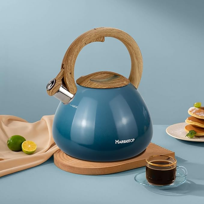 MARSKITOP Tea Kettle Stovetop Whistling Tea Pots for Stove Top Food Grade Stainless Steel Teapot for Induction Cooktop, 2.6 Quart, Blue