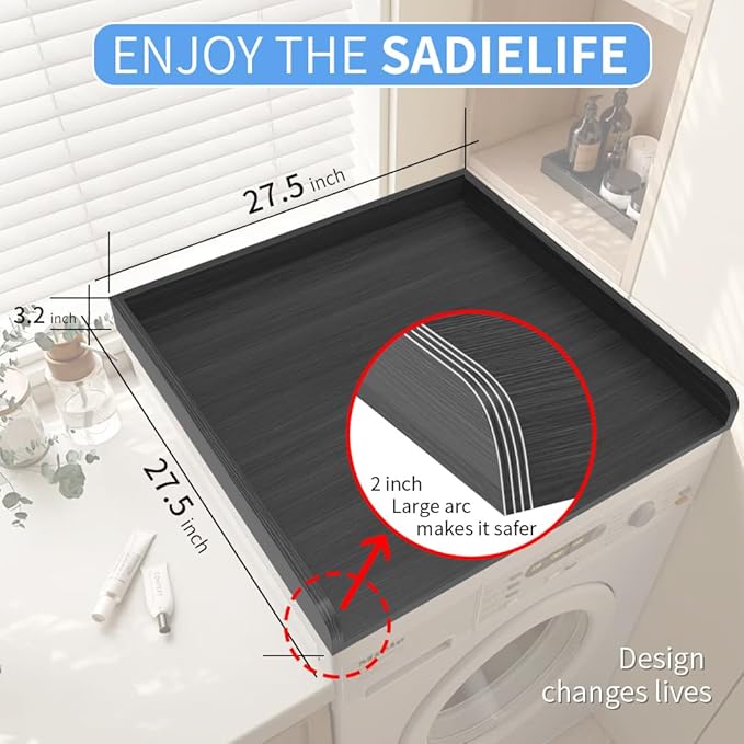 Washer Dryer Countertop Only,Edge Rails-27.5" Depth*27.5" Width Laundry Room Organization,High-Adhesion Non-Slip Protective Layer,with Edge Rails (Black)