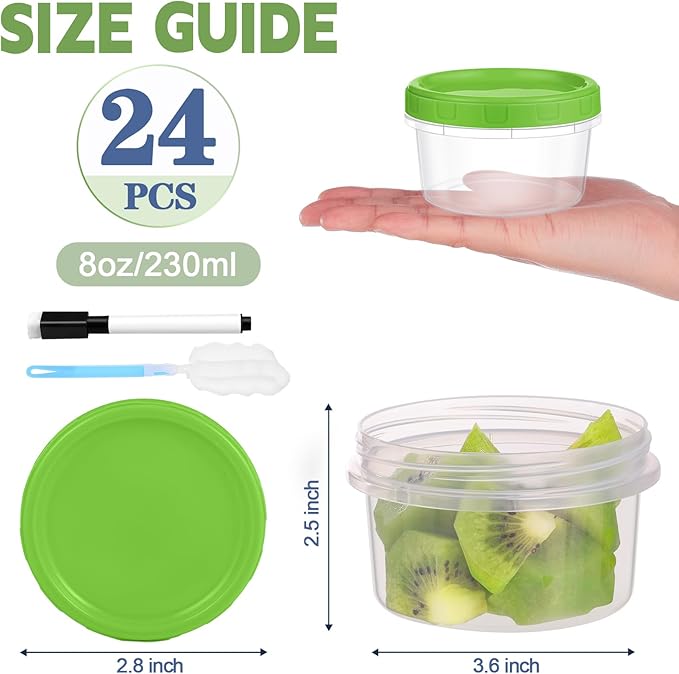 8 oz Plastic Containers with Lids, 24 Pack Stackable Small Freezer Container, Reusable Clear Food Storage Meal Prep Containers for Snack Fruit, Microwave & Dishwasher Safe, with Pen & Brush