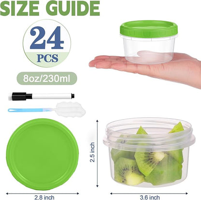 8 oz Plastic Containers with Lids, 24 Pack Stackable Small Freezer Container, Reusable Clear Food Storage Meal Prep Containers for Snack Fruit, Microwave & Dishwasher Safe, with Pen & Brush