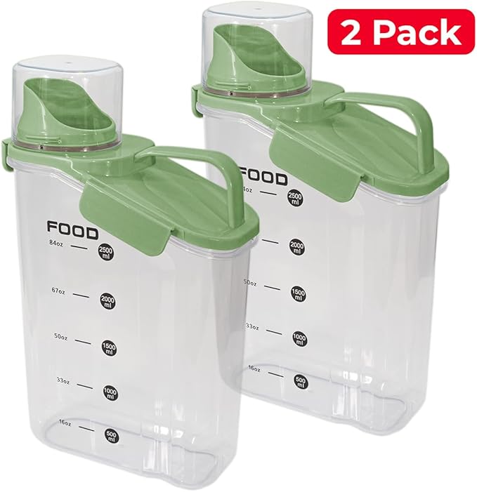Two Pack Food & Cereal Storage Container - 2.6L Airtight Plastic Kitchen Organizer Bin with Pouring Spout, Measuring Cup Lid, Ideal for Dry Food, Rice, Sugar, Pet Food dispenser - BPA free (Green)