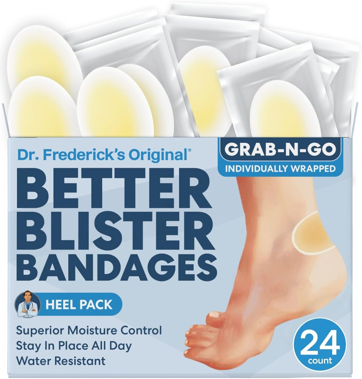 Dr. Frederick's Original Better Blister Bandages - 24 ct - Healing Blister Pads - Grab-N-Go - Water Resistant - 40% More Cushioning - Hydrocolloid - Feet, Toe, & Heel Blister Prevention - Heel Pack